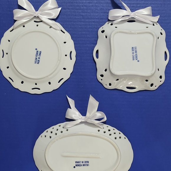 Set of 3 Vintage Lillian Vernon Blue White Porcelain Floral Reticulated Plates - Picture 6 of 10